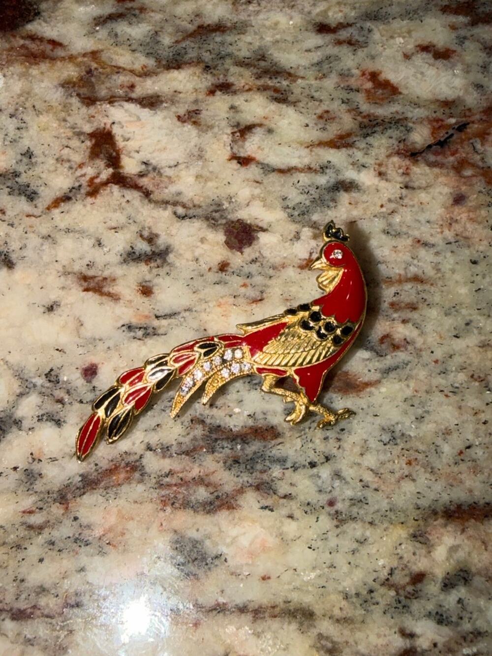 Vintage Red Enamel and Rhinestone Pheasant Brooch